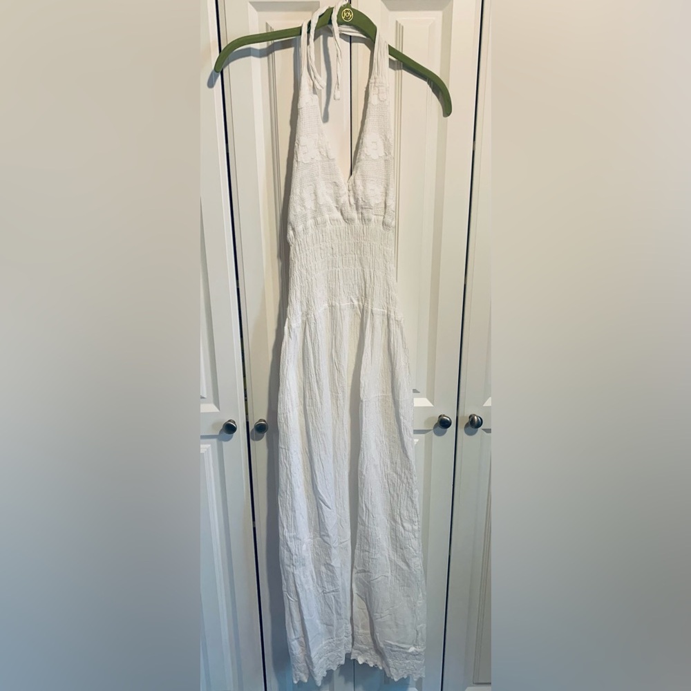Boho White Halter Maxi Dress with Lace Trim